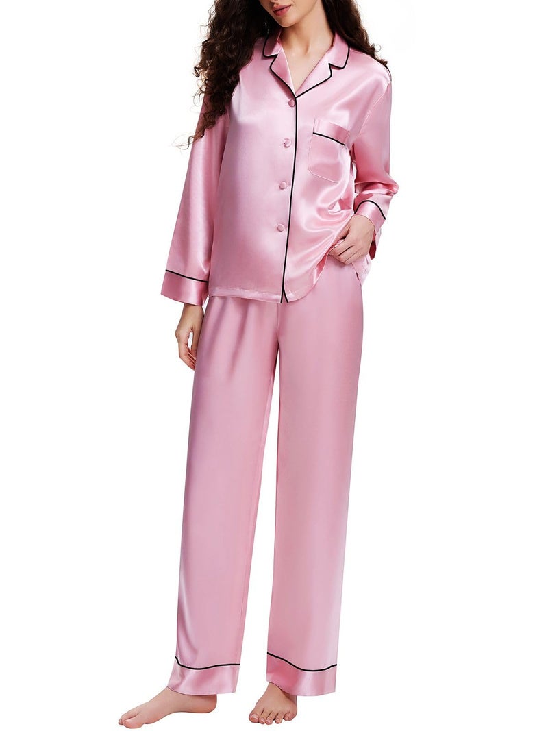 Lonxu Womens Silk Satin Pajamas Set Pink M - Image 4